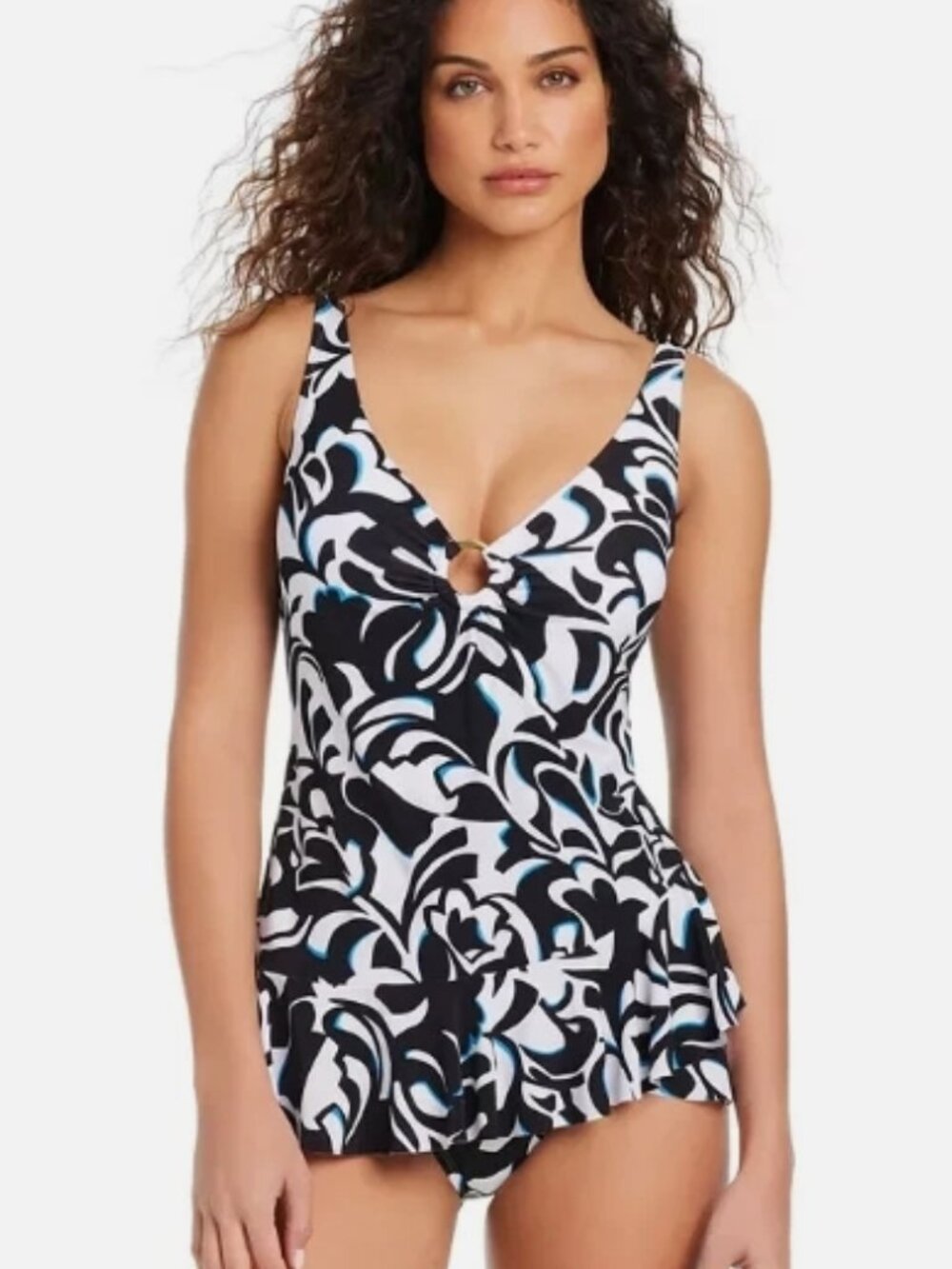 NWT! Beyond Control Multi Color Printed Ruffle One Piece Swimdress Swimsuit NEW!